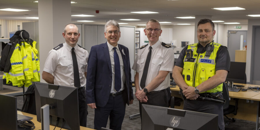 PCC Simon Foster alongside Dudley Local Policing Area Commander Chief Superintendent Anthony Tagg and officers at the new base in Stourbridge town centre