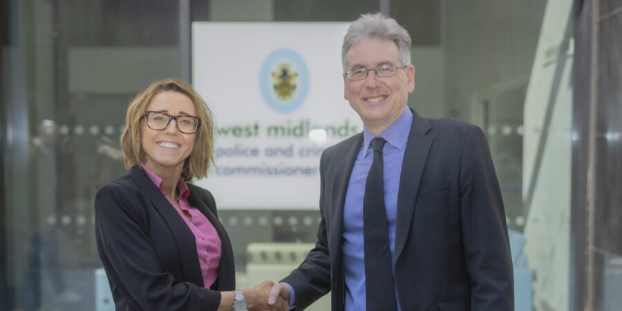 Victims' Advocate Natalie Queiroz with Police and Crime Commissioner Simon Foster outside Lloyd House in Birmingham