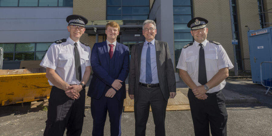 Chief Superintendent Anthony Tagg, Youth Commissioner Luke Joberns, Police and Crime Commissioner Simon Foster and Chief Constable Craig Guildford outside the new Dudley Police HQ at Castlegate Business Park