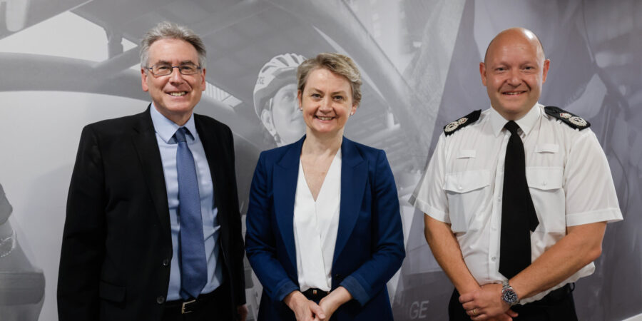 West Midlands Police and Crime Commissioner Simon Foster, Home Secretary Yvette Cooper MP and Chief Constable Craig Guildford at Lloyd House in Birmingham